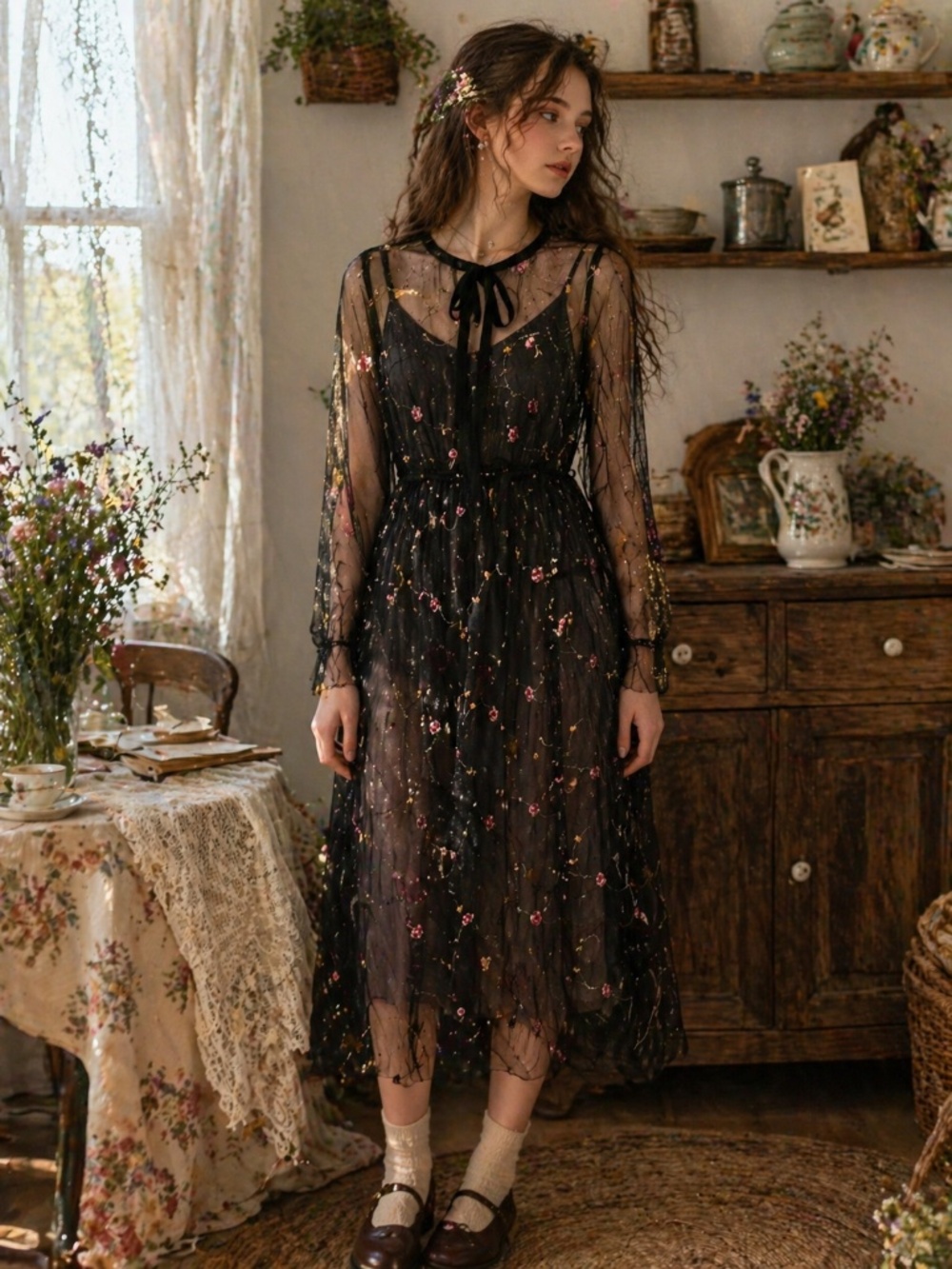 Sheer dress women S black needlepoint floral dark cottage core dark fairy